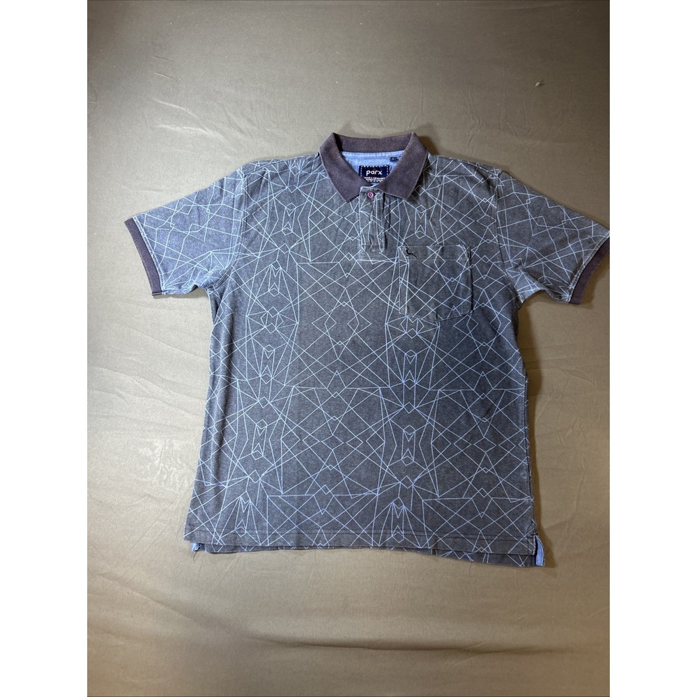 Parx brand polo shirt with a light blue geometric line pattern Large